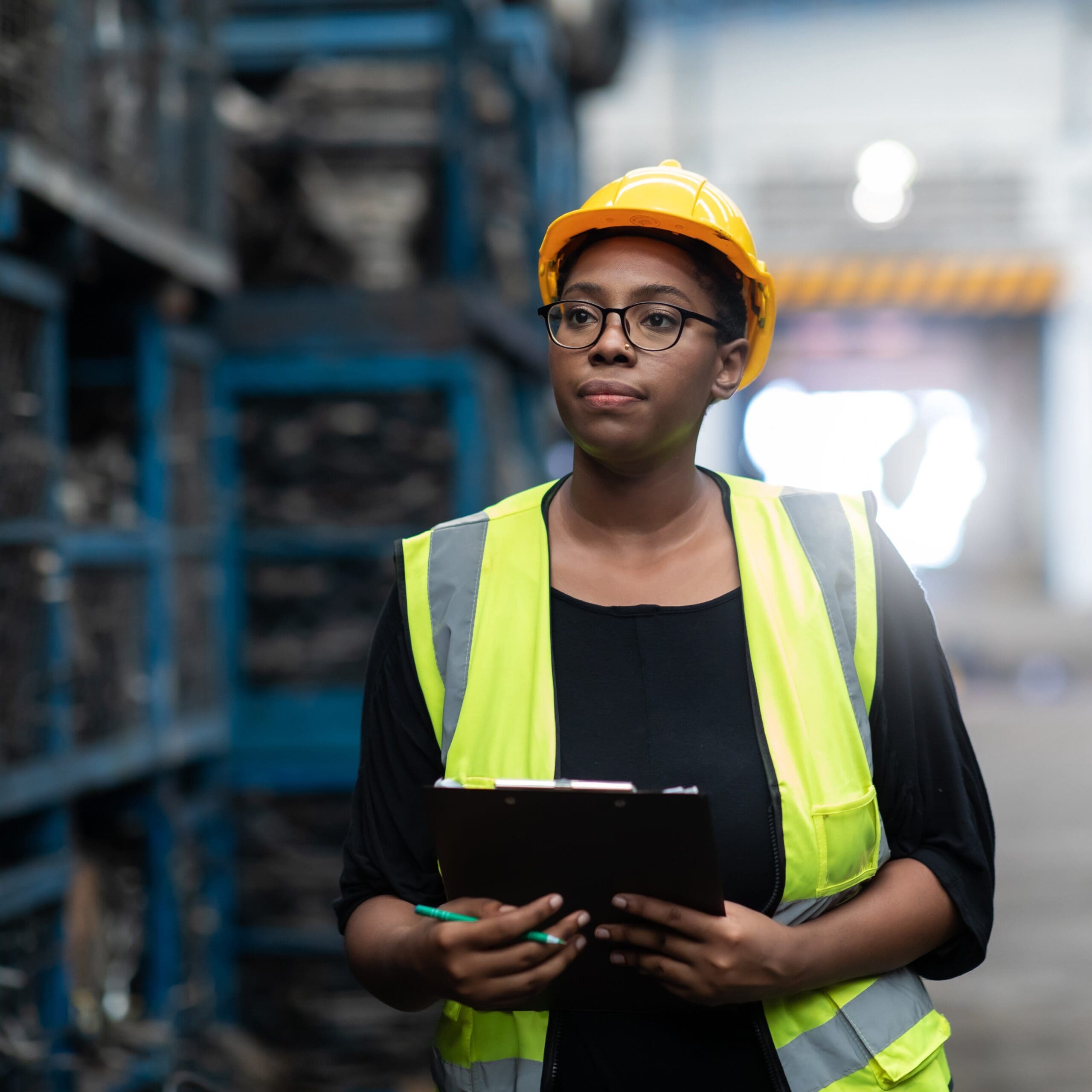 woman standing with clipboard and wearing safety equipment